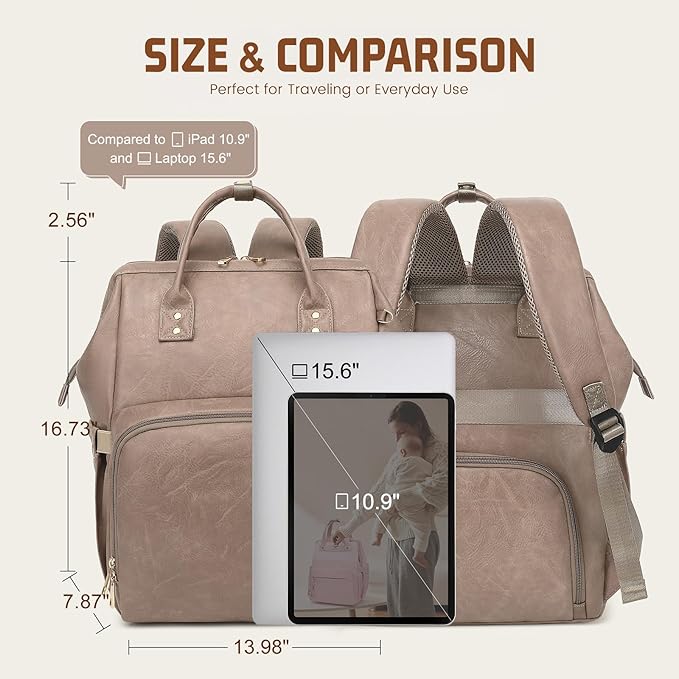 Premium Vegan Leather Diaper Bag Backpack with Waterproof Changing Pad – Reinforced Stitching & Zippers, Baby Bag for Boy Girl, Stroller Straps, Ergonomic Design for Traveling Moms, Taupe