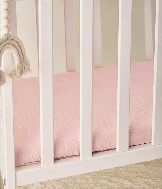 TILLYOU Muslin Bassinet Sheets Girls Boys, 100% Cotton Bassinet Sheets, Fit Oval, Rectangle and Square Mattress, 2 Pack,Light Purple&Light Pink