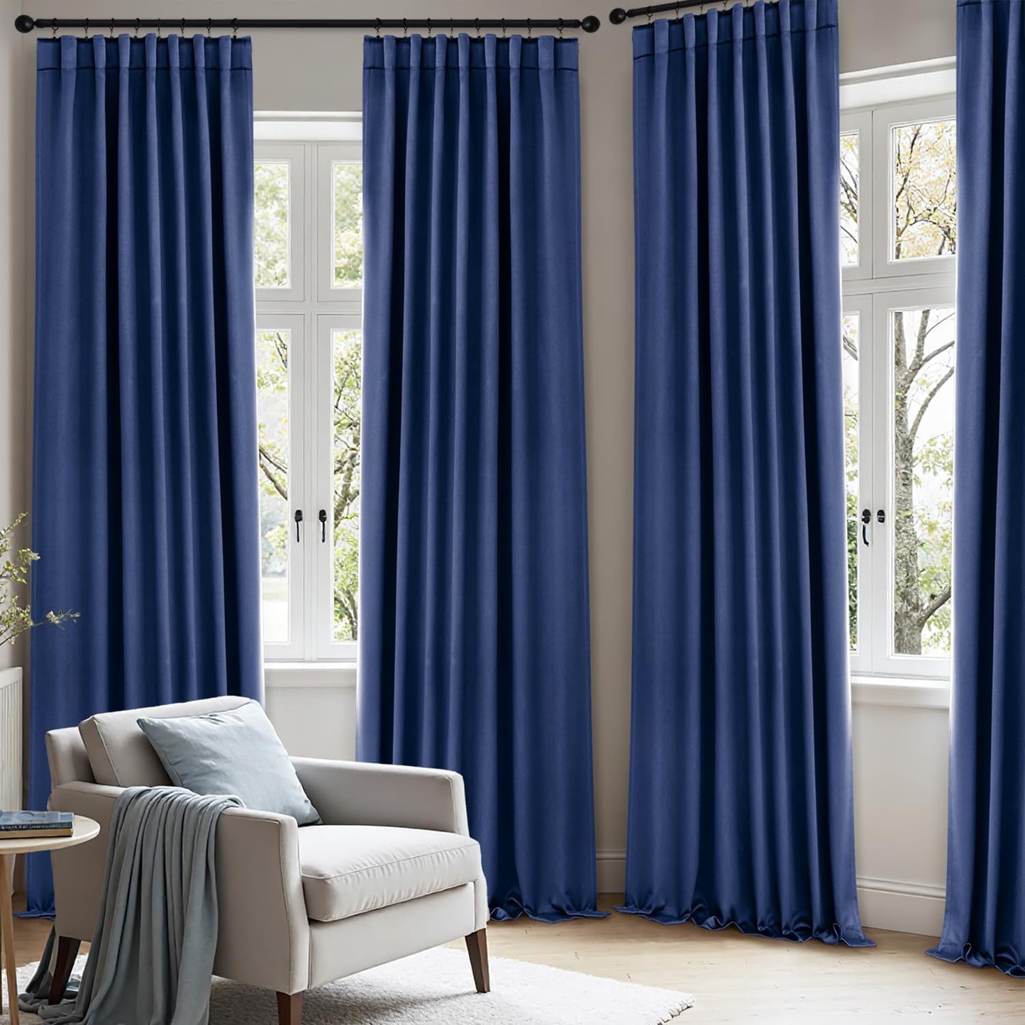 ANRODUO Back Tab Blackout Curtains for Bedroom Living Room, Rod Pocket Pinch Pleated Thermal Insulated Room Darkening Curtains 90 Inches Long 2 Panels, Navy Blue, 42 x 90 Inch