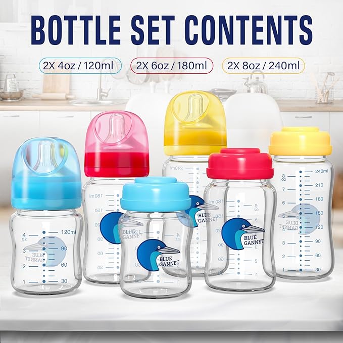 Multipurpose Anti-Colic Glass Baby Bottles with Slow Flow and Natural Flow Nipples, Breast Milk Collection and Storage Bottles, Wide-Neck Breast Pumps Compatible, 6-Pack (4oz, 6oz, 8oz)