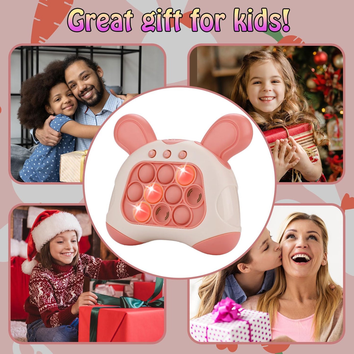 Fast Push Game, Bunny Ear Handheld Speed Push Bubble Game Console, Light up Pop Game Sensory Fidget Toys for Kids, Autism Sensory Toys,Birthday Easter Toy for Boys Girls Adults(Pink)