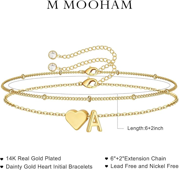 M MOOHAM Initial Heart Bracelets for Women - Layered Dainty 14K-Gold-Plated Heart Letter A-Z Charm Bracelets for Women, Chain Link Charm Bracelets Beaded Bracelets Birthday Gifts Womens Jewelry