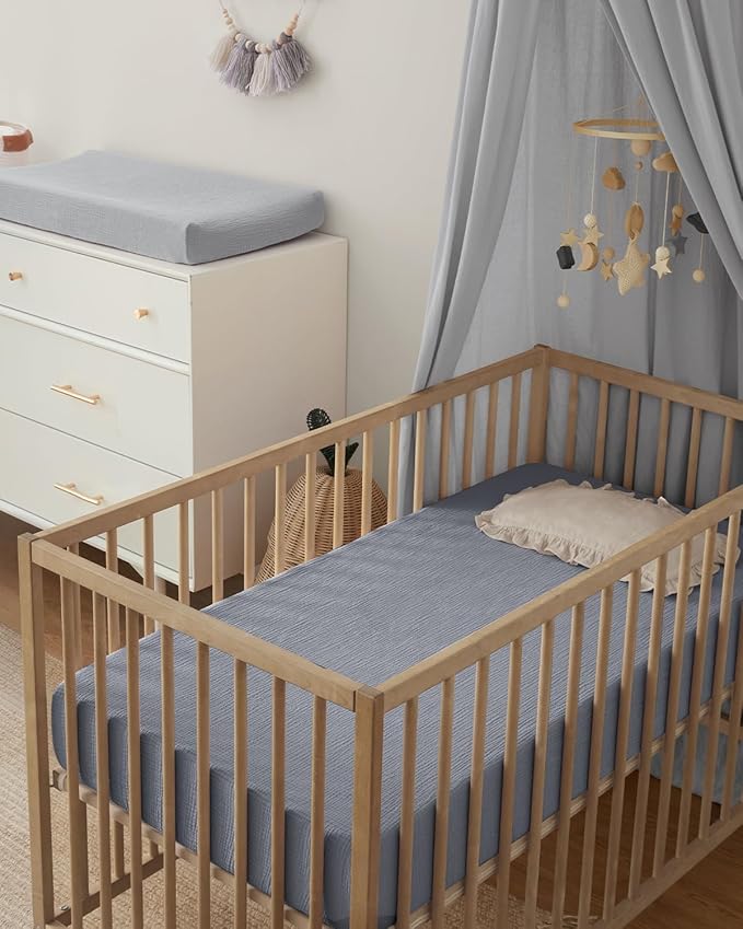Blissful Diary Muslin Crib Sheets for Girl Boy, Boho Neutral Soft Cotton Baby Sheet for 52''x28'' Standard Crib Mattress, 2 Pack(Light Blue&Grey)