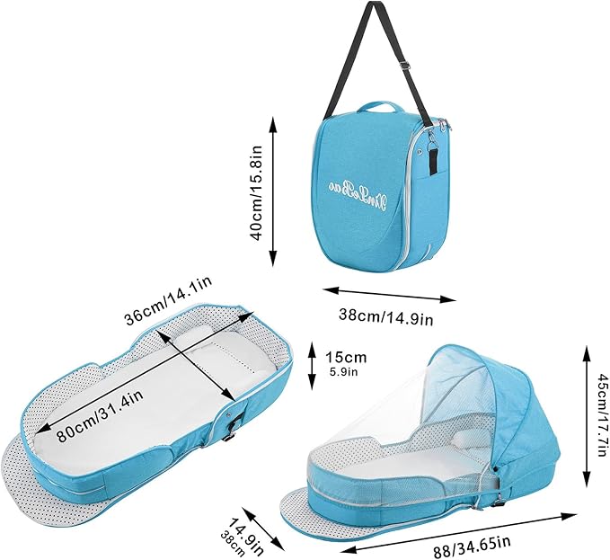 Baby Travel Bassinet Portable Bassinets, Foldable Converts to Backpack for Travel, Lightweight Travel Baby Lounger with 2-1 Mosquito & Canopy (Blue)