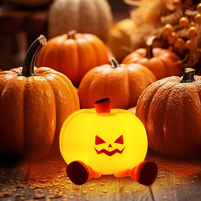 Pumpkin Night Light, Cute LED Pumpkin Lamp with 3 Level Dimmable, Nursery Nightlight for Kids, Silicone Rechargeable Bedside Touch Lamp, Funny Office Desk and Halloween Decor Toy for Woman and Kids