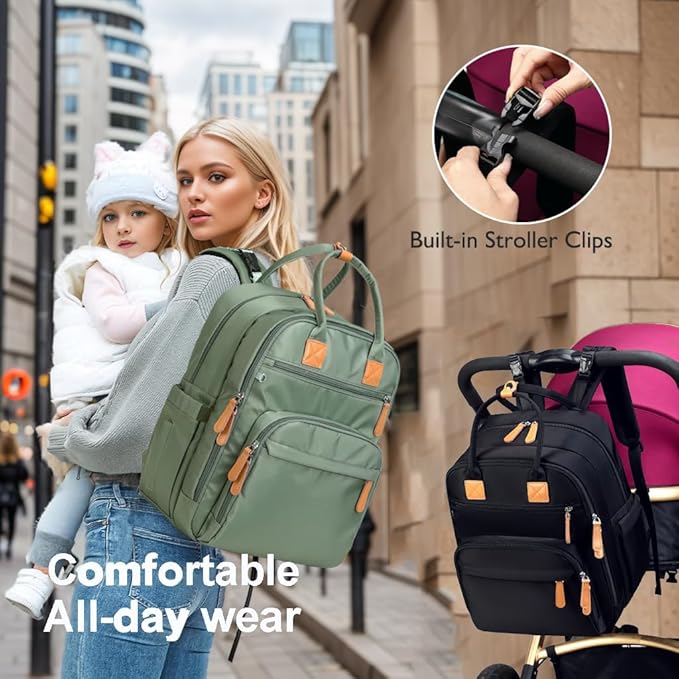 18 Pockets Large Diaper Bag Backpack with Waterproof Pockets and Stroller Buckle, Convertible Baby Bag (XL Green, Extra Large)