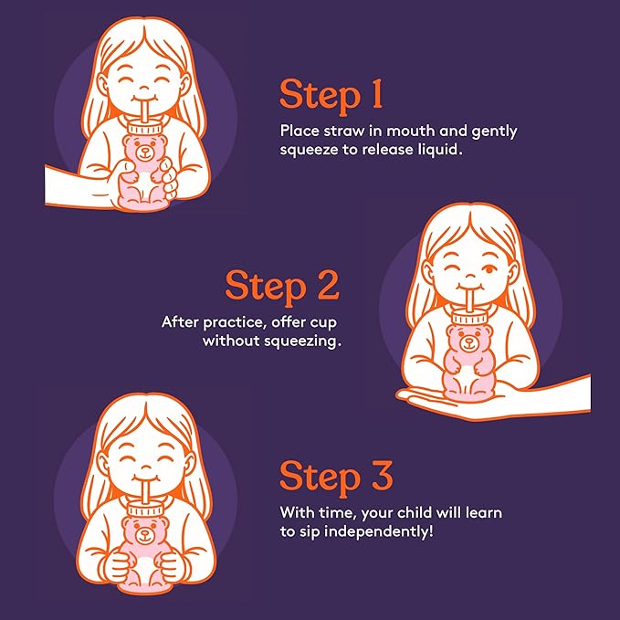 Special Supplies Honey Bear Straw Cup Long Straws, Squeezable Therapy and Special Needs Assistive Drink Container, Spill Proof and Leak Resistant Lid (Pack of 1 Bottle and 3 Straws) (Pink)