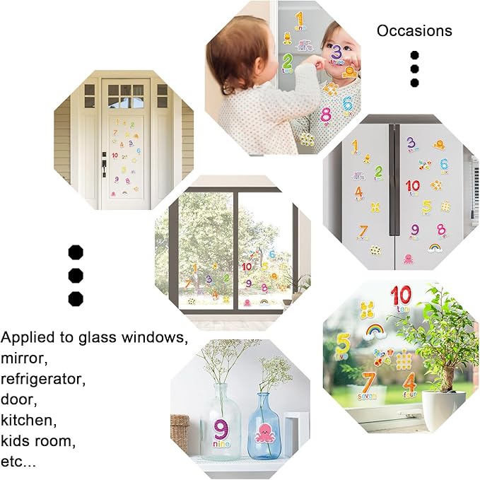 Whaline 40Pcs Number Thick Gel Clings Cute Animals Numbers 1-10 Window Gel Decals Colorful Word Spelling Window Clings for Early Education Learning Home Classroom Nursery Decor