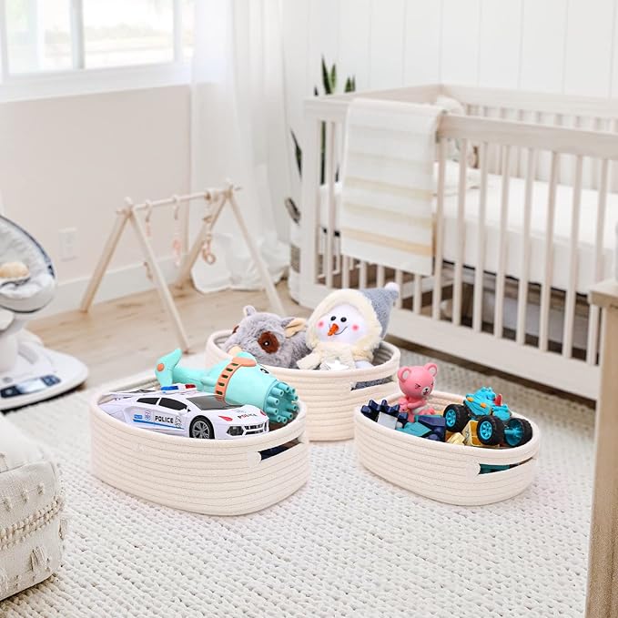 7 Piece Cotton Rope Woven Basket Set - Small Basket for Baby Nursery, Pets, Montessori, Dog & Cat Toy Boxes, Bathroom Organization Bins (White)