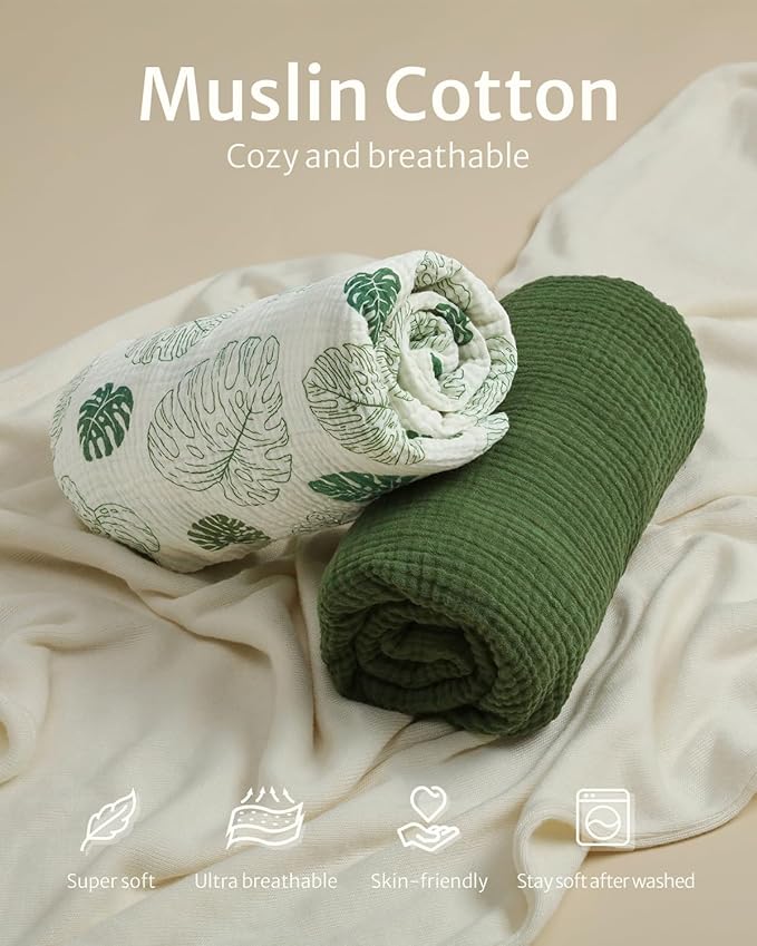 Blissful Diary Muslin Crib Sheets for Girl Boy, Boho Neutral Soft Cotton Baby Sheet for 52''x28'' Standard Crib Mattress, 2 Pack(Monstera&Dark Green)