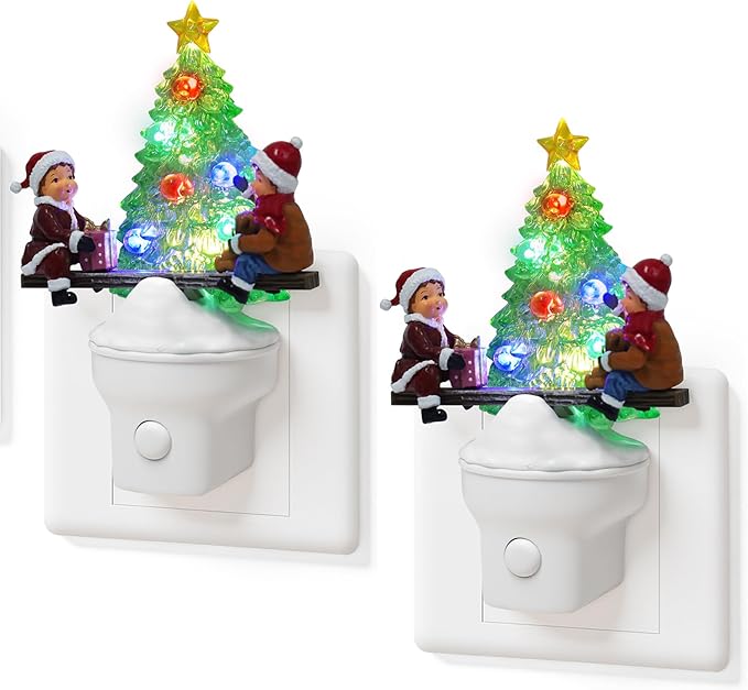 2 Pack Christmas Night Light Plug into Wall Nightlight with USB/Outlet Options, Christmas Tree Decorative Night Light for Bedroom Kitchen Nursery Holiday Decorations Gifts (Seesaw)