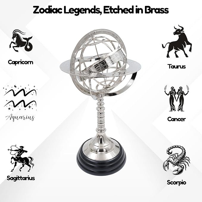 Nagina International Antique Vintage Zodiac Armillary Brass Sphere Globe Wooden Display | Pirate's Antique Ship Decor (XL, Nickel Plated)