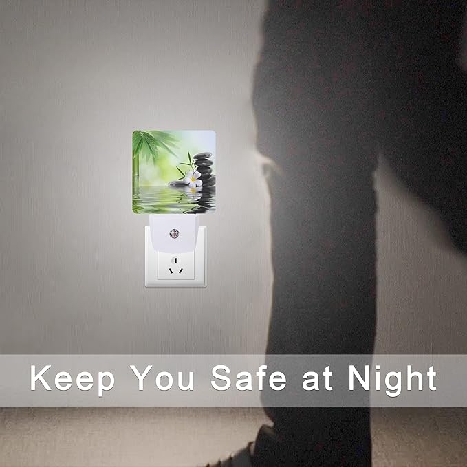 Zen Stones Bamboo Tree Jasmine Flower Spa Night Light Plug-in LED Nightlights Auto Sensor Night Lamp Dusk-to-Dawn Lamp Home Decor for Nursery Children Girls Boys