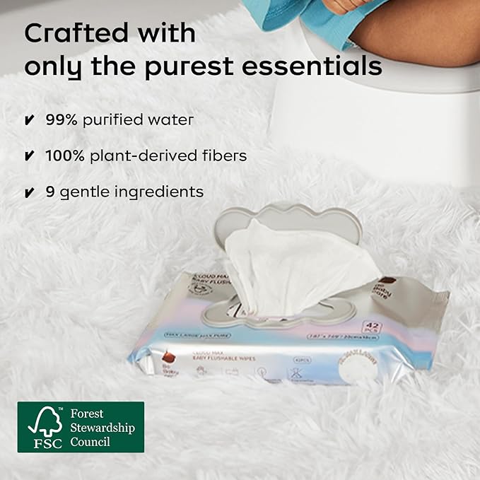 Bc Babycare Flushable Wipes, Hypoallergenic for Sensitive Skin, 99% Water, Plant-Based Fibers, Sewer + Septic Safe, Fragrance Free Toddler Potty Training, 42 Wipes, 3 Packs