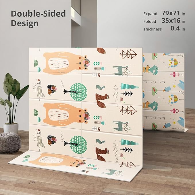 UANLAUO Baby Play Mat,79"x 71" Large Mat for Floor,Reversible Floor Mat,Foam Thick&Waterproof,Foldable Playmats for Babies and Toddlers,Anti-Slip for Baby Crawling,Non-Toxic Tummy Time(Bear)