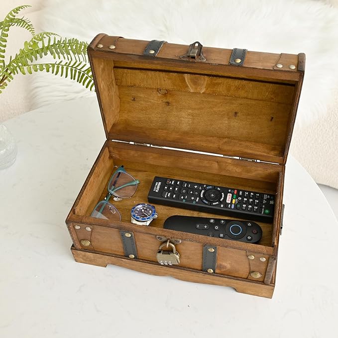 Vintage Wooden Treasure Chest Decorative Box with Lock - 12.2" x 7.1" x 7.1", Brown