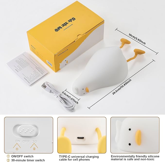 Duck Night Light, Touch Control Dimmable Silicone Bedside Lamp for Kids, USB-C Charging & 30-Min Timer, Nursery Decor Gift