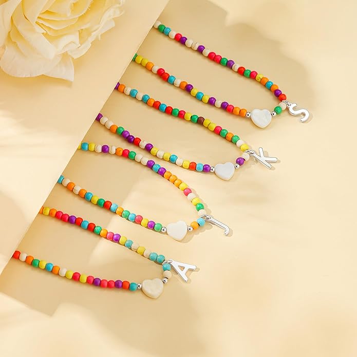 Ursteel Colorful Initial Cute Necklaces for Girls - Trendy Beaded Choker Necklace for Women Teen Girl, Personalized Letter Initial Gifts for Women Kids Jewelry