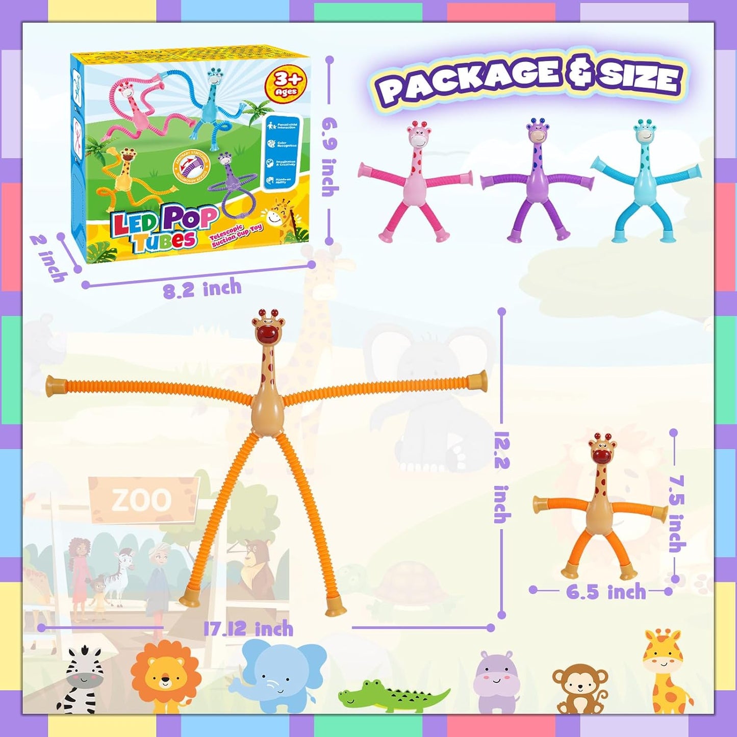Sensory Fidget Toys for Kids : 4 Pack LED Giraffe Telescopic Pop Tubes 2 3 4 5 6 7 8 Year Old Girls Boys Easter Birthday Gifts Toy for Kid Ages 2-4 Autism Toddler Travel Toy Party Favors