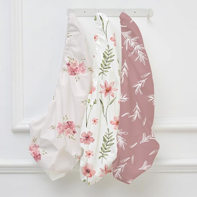 Floral Bassinet Sheets Girl 3 Pack, Breathable Cozy Fitted Mattress Sheet, Elastic Travel Bassinet Fashionable, Standard Cradle Safe Sheets for Baby Boy Girls 32" x 16"