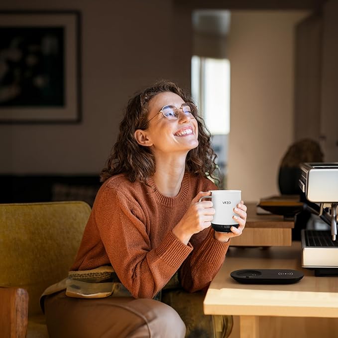 Temperature Control Smart Mug, Self Heating Coffee Mug LED Display, 180 Min Battery Life - Hot up to 149℉ Fast Wireless Charger Base Improved Design coffee serving sets mug(12oz, Ivory)