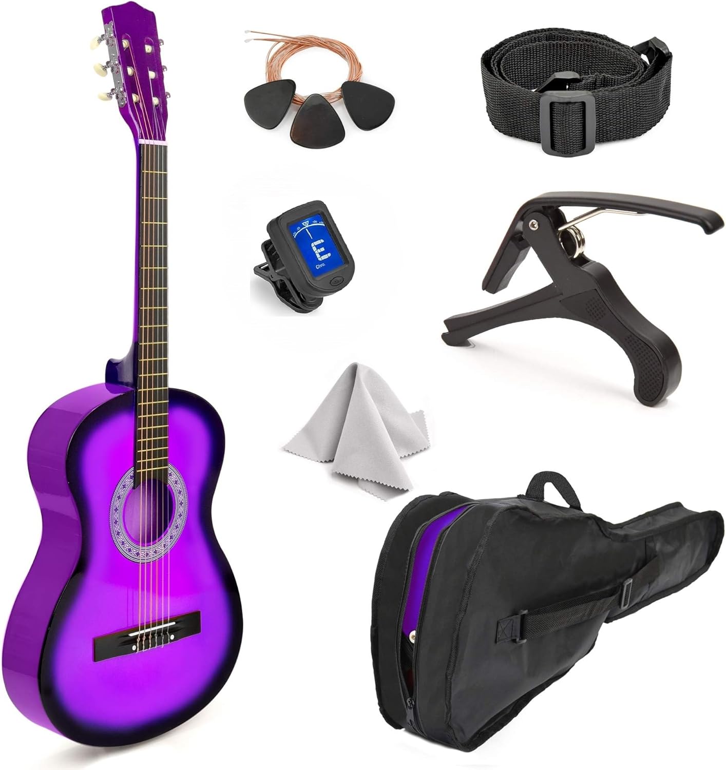 Classical Acoustic Guitar For Kids By MasterPlay- 30” Beginner Guitar For Learners- Accoustic String Guitar Starter Kit: Guitar Bag, Tuner, Strap, Extra Strings, Picks, Wash Cloth, Capo (Purpleburst)