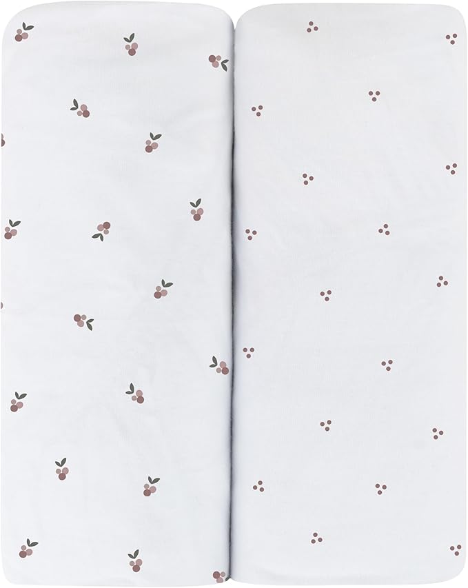 Ely's & Co. Patent Pending Waterproof Pack and Play Sheets, 100% Cotton with Waterproof Lining – 2 Pack Fitted Mini Crib Sheet Set, Berry and Cluster Dot (Lavender) 38” x 24”