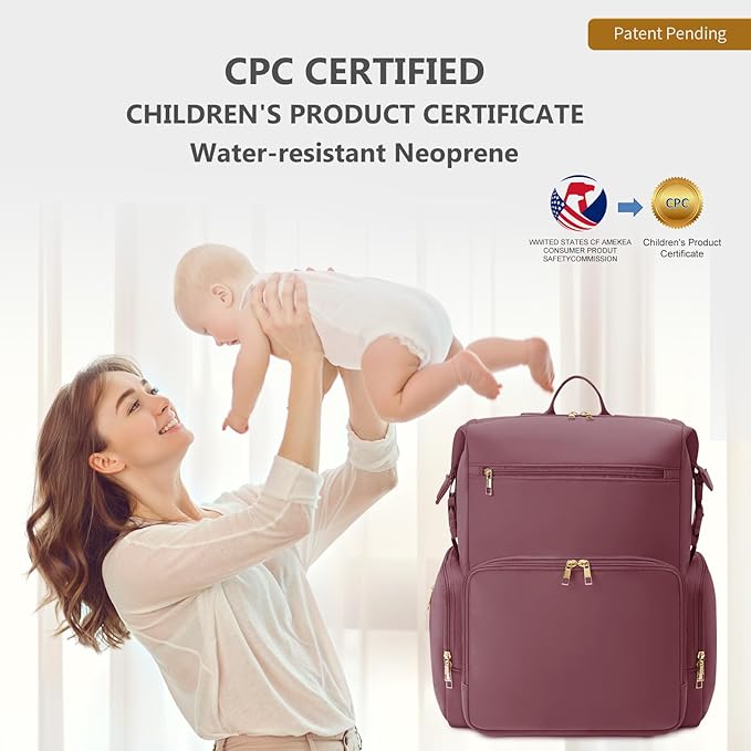 CEI-CEI Neoprene Diaper Bag Backpack with Changing Pad, Large Newborn Baby Maternity Bags Travel Tote with Insulated Pockets (Pink)