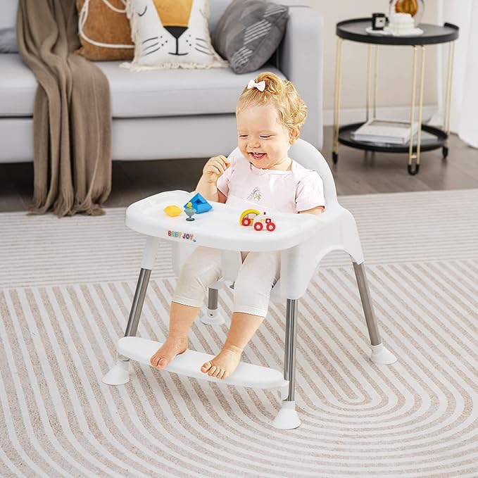 BABY JOY Baby High Chair, 4 in 1 Convertible Highchair for Babies & Toddlers with Adjustable Legs, Double Removable Tray, Safety Harness & Footrest (White)