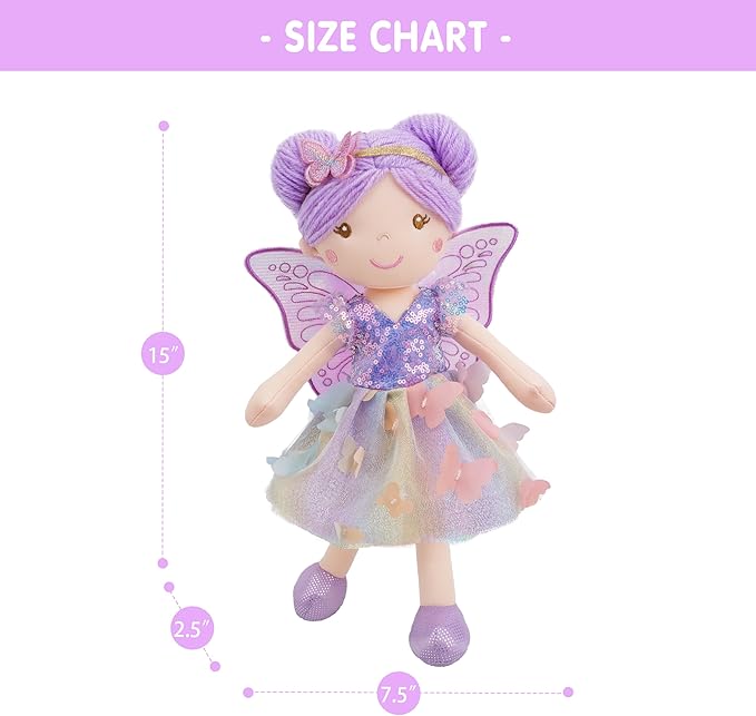 June Garden 15" Celestia The Rainbow Whisper Fairy Doll – Soft Plush Fairy Toy with Multicolor Butterfly Skirt – Enchanted Garden Collection