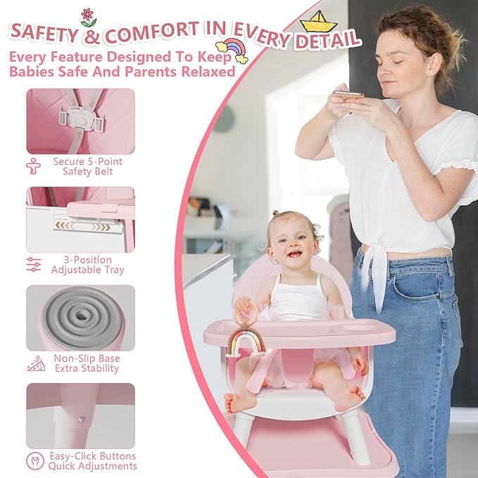 6 in 1 Baby High Chair for Babies and Toddlers, Booster Seat, Kids Learning Table & Chair (Pink)