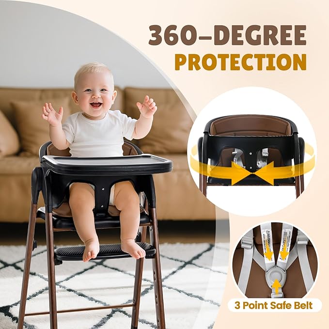 Convertible High Chairs for Babies & Toddlers. 5-in-1 Adjustable High Chair with Removable Tray, Easy to Clean, Portable (Black Brown)