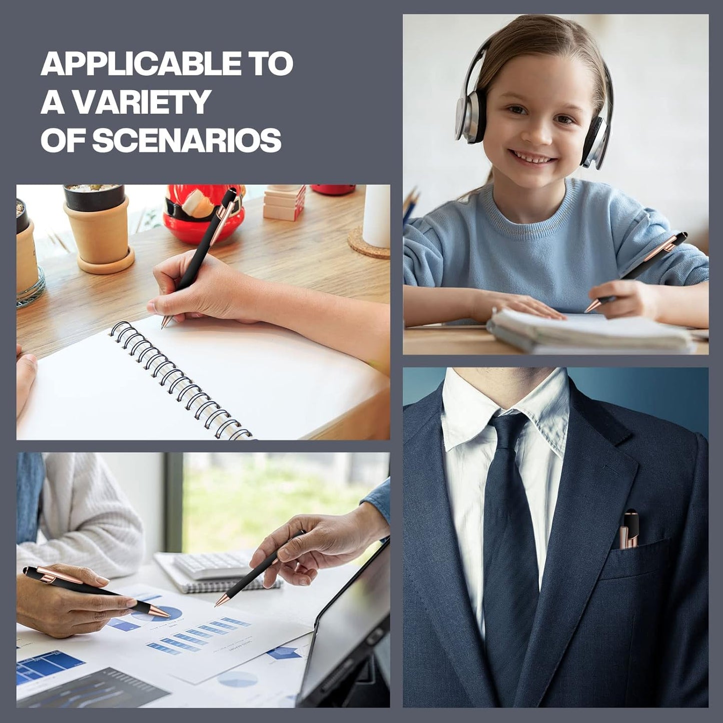 8 Pieces Ballpoint Pen with Stylus Tip Black Ink 2 in 1 Stylus Metal 1.0 mm Medium Point Smooth Pen Rainbow Colorful Rubberized Ballpoint for Touch Screen Tablet(Rose Gold, Black)