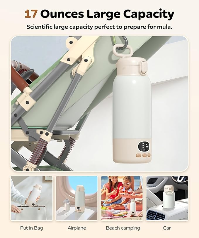 Portable Bottle Warmer for Travel, Milk Warmer for Breast Milk Formula & Water with Fast Heating & Smart Temperature Control,17oz Large Capacity