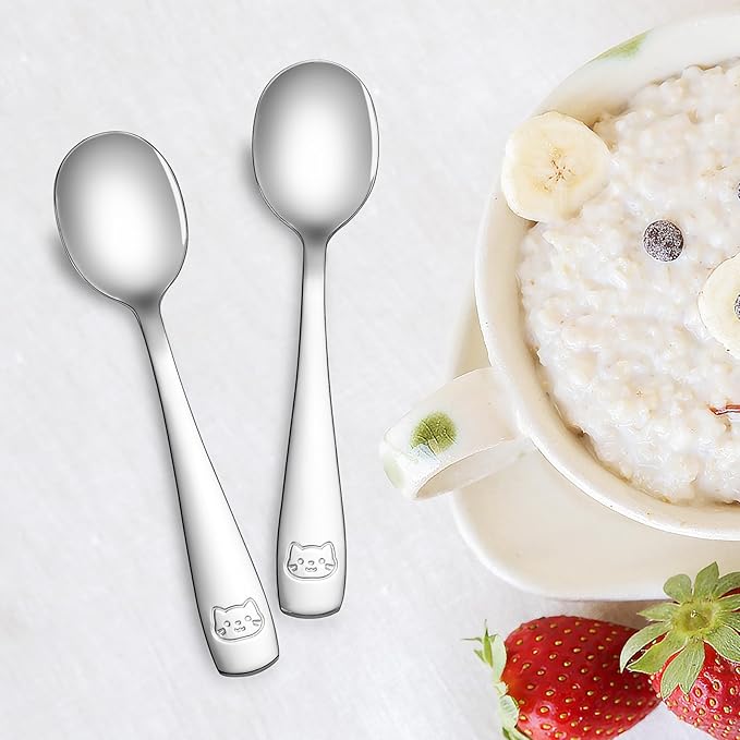 DRKIO Stainless Steel Toddler Spoons Set - 6 Pieces Kids Spoons Set Children Safe Food Grade Kids Silverware Small Spoon Metal Toddler Utensils Dishwasher Safe Mirror Polished