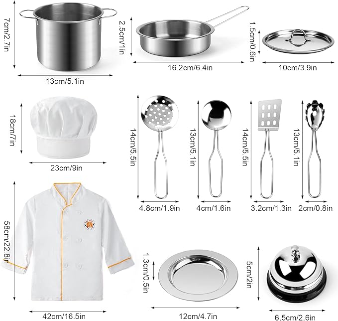 Juboury Pretend Play Kitchen Set - Toy Kitchen Accessories with Stainless Steel Cookware Pots and Pans, Plates, Cooking Utensils, Kids Chef Coat & Hat, Wooden Play Food for Kids, Girls, Boys, Toddlers