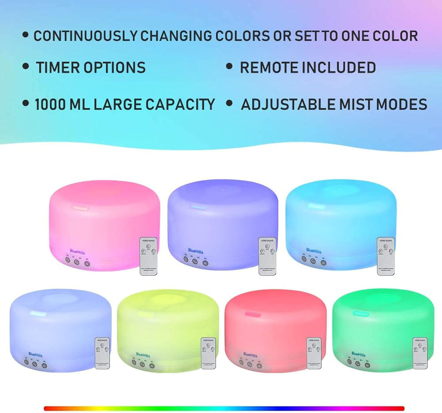 BlueHills Premium 1000 ML XL Essential Oil Diffuser Aromatherapy Humidifier with Remote for Large Room Home 18 Hour Run Huge Coverage Area 1 Liter Mood Lights Extra Large Capacity White D001