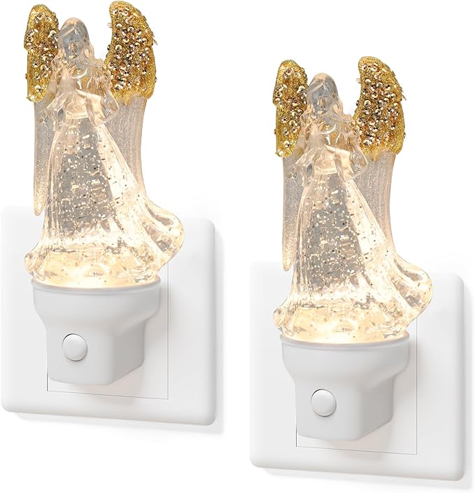 2 Pack Christmas Angel Night Light Plug into Wall Glitter Water Nightlight with USB/Outlet Options, Christmas Decorative Nightlight for Bedroom Kitchen Nursery Holiday Decorations Gifts (Angel)