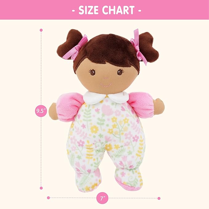 June Garden 9" My First Doll Zuri - Soft Plush Baby Doll - Pink Floral Outfit