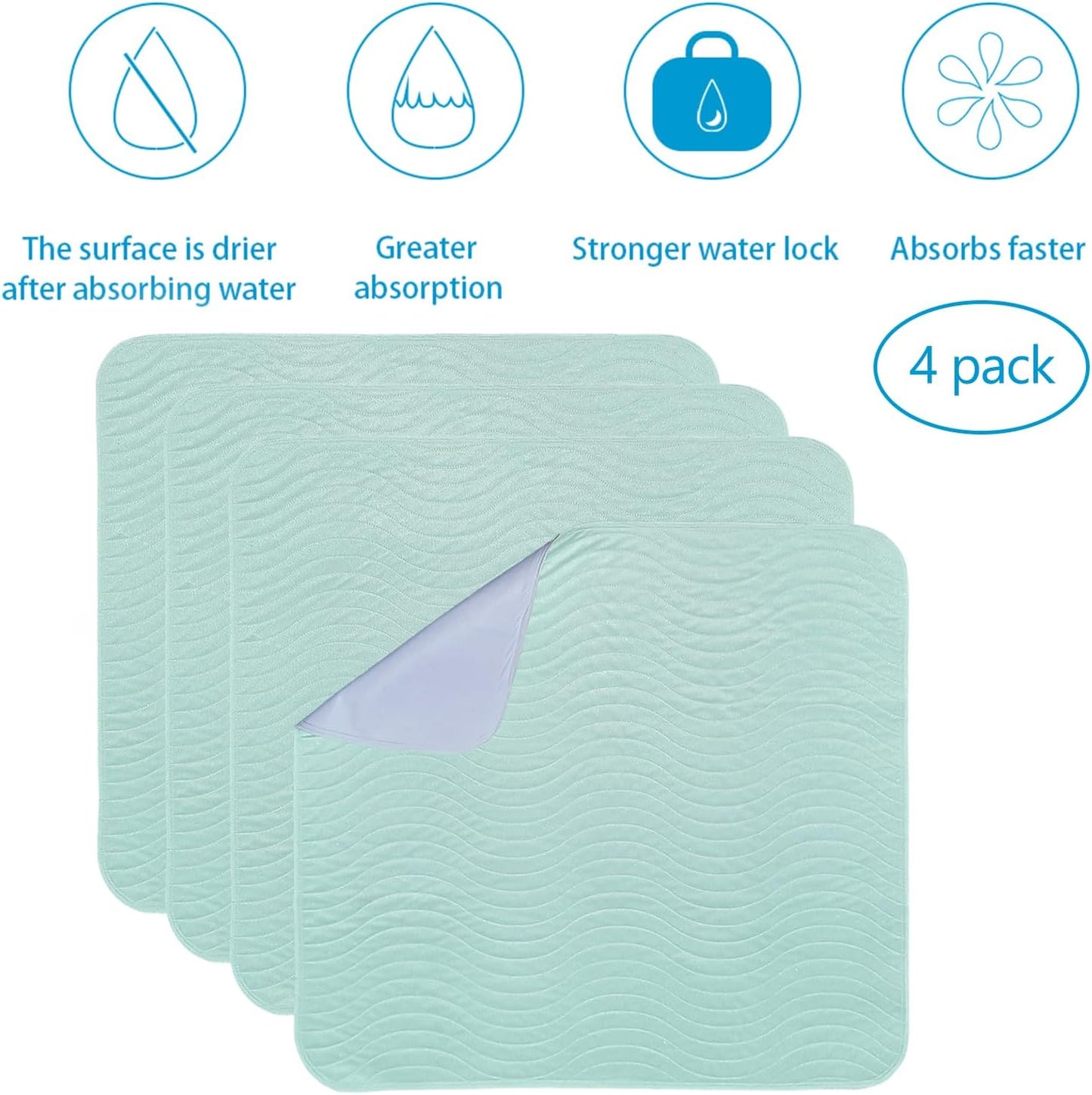 Absorbent Bed Pads for Incontinence - Washable, Reusable, 4-Layer Waterproof Mattress Protectors (36x38 Inch - 4 Pack)