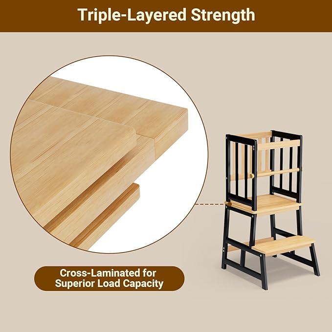 COSYLAND Toddler Kitchen Stool Helper – Stable A-Frame Design Kids Kitchen Step Stool with Protective Crossbar – Wooden Toddler Standing Tower for Learning in Bathroom (Black & Natural)