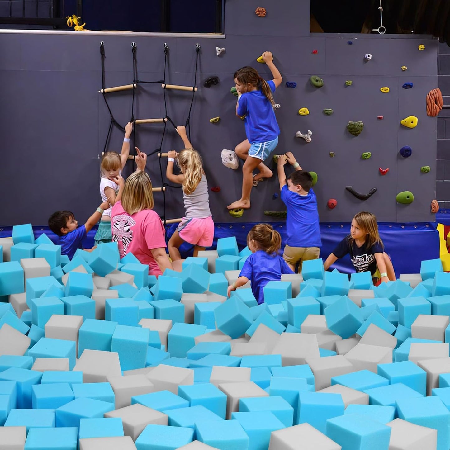 Foam Pit Cubes, 24 PCS 5 Inches Gymnastics Foam Blocks Trampoline Blocks, Multi-Sport Protective Padding for Gymnastics, Trampoline, Parkour, Skate Parks & BMX - Grey & Blue