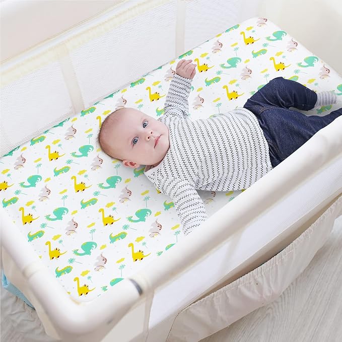 Pack and Play Sheets Boys, 2 Pack Mini Crib Sheets, Stretchy Playard Fitted Sheet, Compatible with Graco Pack n Play, Soft and Breathable Material, Dinosaur & Elephant