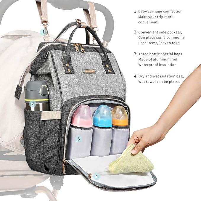 Diaper Bag Backpack for Women, Baby Bags for Girls,Diaper Bag with Changing Pad, and Insulated Pockets (Dark Grey +Light Grey)