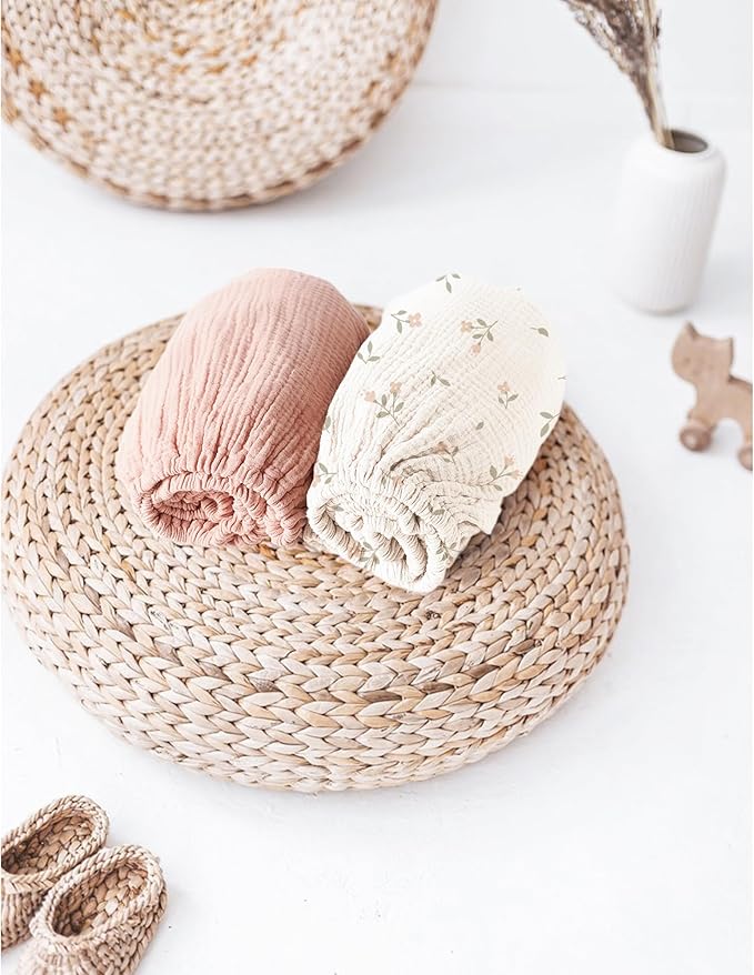 Muslin Bassinet Sheets for Babies – Soft & Breathable 100% Cotton Fitted Sheets for Oval, Rectangle, Hourglass Bassinet Mattress Pads, 2-Pack (Ivory & Pink)