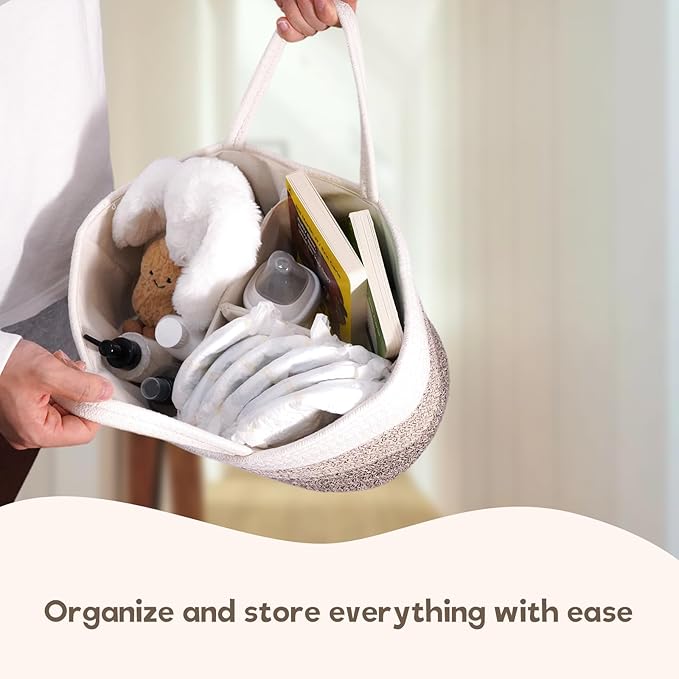 Baby Diaper Caddy Organizer, Extra Large Cotton Rope Nursery Diaper Basket, Changing Table Organizer, Portable Tote Bag with Divider, Car Storage, Baby Shower Gifts for Newborn Girls - Gradient Brown