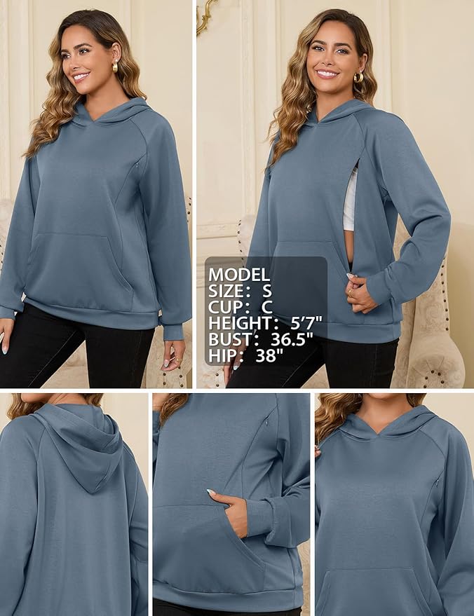 Bhome Nursing Sweatshirt Hoodie for Breastfeeding with Hidden Zippers Maternity Breast Pumping Tops Kangaroo Pocket