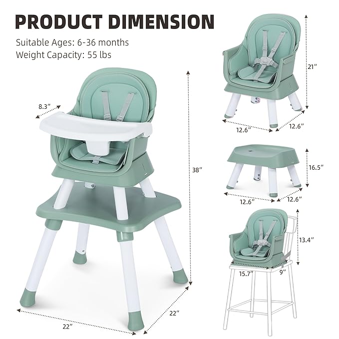 8 in 1 Baby Highchair, Convertible High Chair for Babies and Toddlers, Booster Seat w/5-Point Safety Belt, Toddler Building Block Table, Dishwasher Safe Tray, No Tool Install, Green