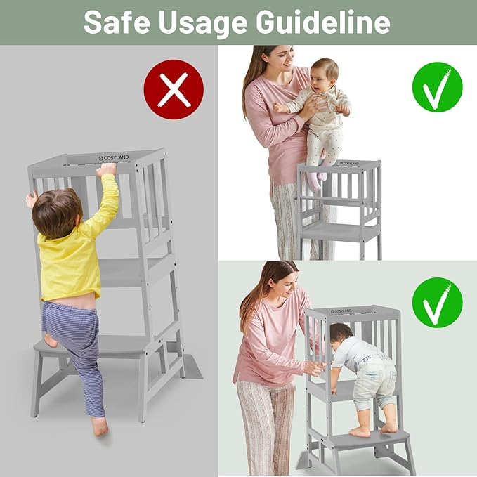 COSYLAND Toddler Standing Tower - Adjustable Height Toddler Kitchen Stool Helper - Kids Kitchen Step Stool for Learning with Removable Safety Railing Grey