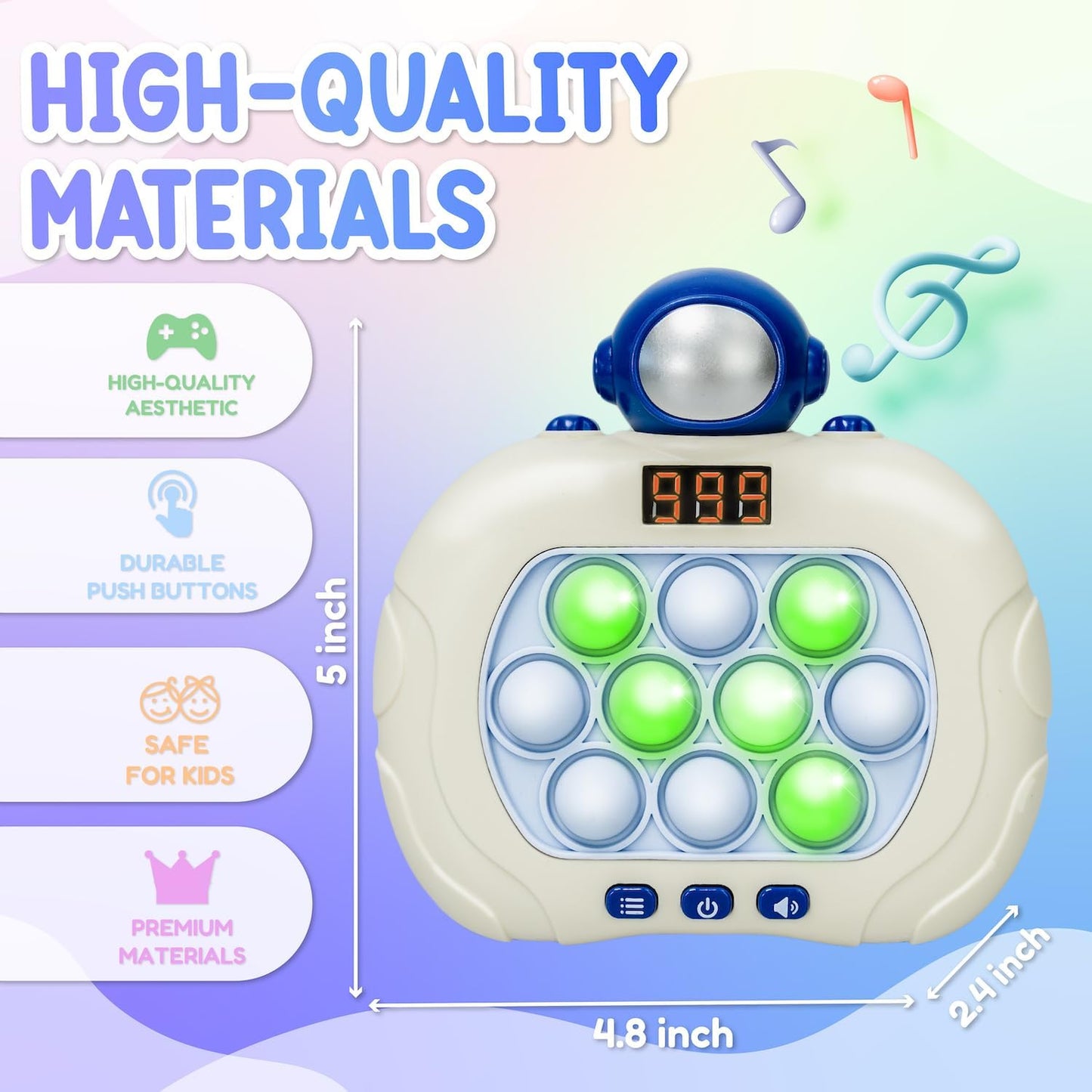 Marlo & Buzz Fast Push Game Toy with Popit Game Controller, Pop Fidget Animal with LED Screen - Sensory and Memory Console, Quick Bubble Light Toy, Pocket Games (Astronaut)